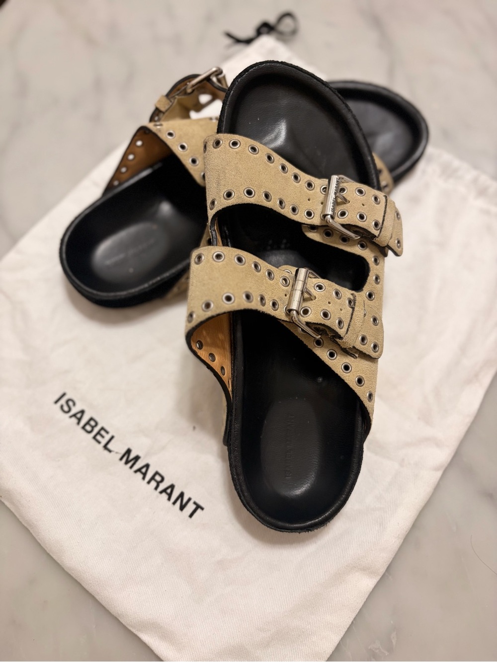 Isabel Marant Beige Studded Double-Buckle Slide Sandals 37 fit 7/7.5